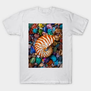 Natural Nautilus Shell On Colorful Stones T-Shirt